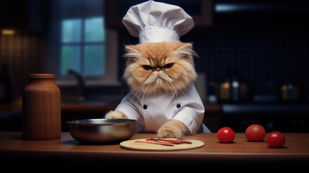 Cute cat chef expertly preparing a gourmet meal with a chef's hat and apron.の素材