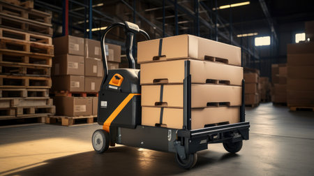Efficient logistics! Boxes on a hand pallet truck, a symbol of streamlined distribution.の素材