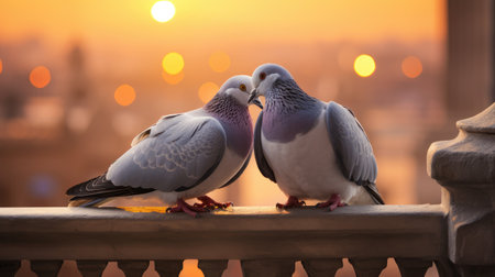 Love in the air! Two pigeons, a symbol of avian romance, with newlyweds in the background. Invest in stocks capturing the essence of matrimonial bliss and symbolic loveの素材