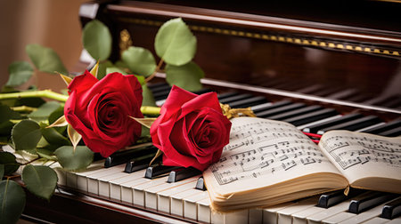 "Love melody! Red rose on piano keys and music book, a symbol of romantic harmony.の素材