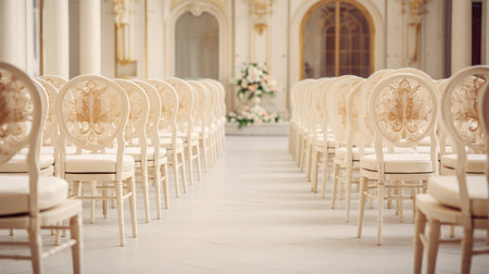 Matrimonial elegance! Wedding hall and chairs, a symbol of festive celebration.の素材