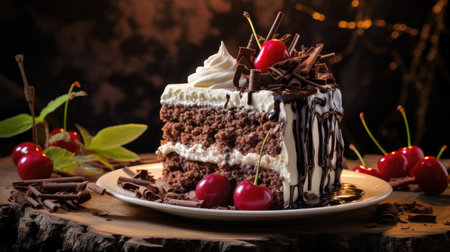 Gourmet perfection! luscious black forest cake showcased in a studio, a symphony of chocolate, cherries, and cream.の素材