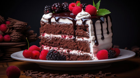 Gourmet perfection! luscious black forest cake showcased in a studio, a symphony of chocolate, cherries, and cream.の素材
