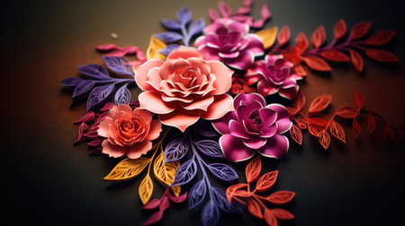 Artistic elegance! Handmade colorful paper cut flower for wedding invitation, a symbol of crafty creativity.の素材