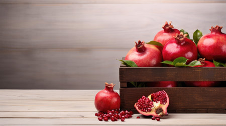 Culinary elegance! pomegranate fruits arranged in a wooden box on a pristine white backgroundの素材