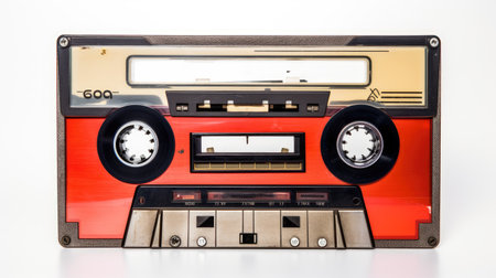 Musical nostalgia! audio cassette tape on a white background, a symbol of vintage sound.の素材