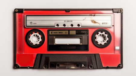 Musical nostalgia! audio cassette tape on a white background, a symbol of vintage sound.の素材