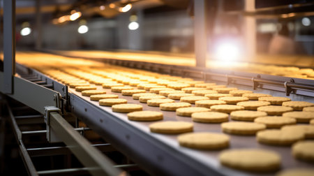 Sweet assembly line! biscuits on a conveyor belt at a factory, a snapshot of the efficient and delicious world of automated production.の素材