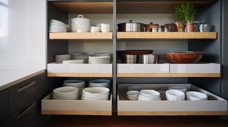 Organized living! storage ideas in the kitchen with a white box and basket, showcasing a modern shelf order systemの素材