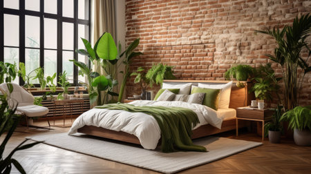 inviting scene of an eclectic bedroom interior featuring tropical plants, white brick walls, and a warm wooden floor. Perfect for showcasing modern living with a touch of greeneryの素材