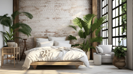 inviting scene of an eclectic bedroom interior featuring tropical plants, white brick walls, and a warm wooden floor. Perfect for showcasing modern living with a touch of greeneryの素材