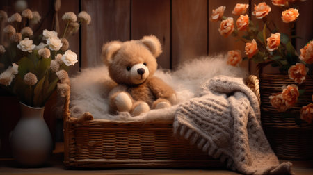 teddy bear nestled in a tiny wooden bed, wrapped in a knitted blanket, beside a pot of artificial bloomsの素材
