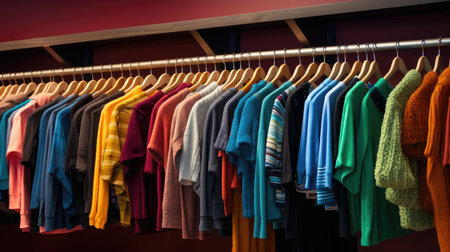 Fashion Haven: Elevate your style with this vibrant image of hangers adorned with colored knitted sweaters and neatly arranged shelves featuring an array of stylish jeansの素材