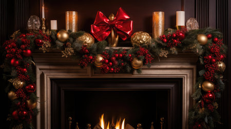 Festive Hearth: Immerse yourself in the holiday spirit with a Christmas wreath adorning a mantelpiece.の素材
