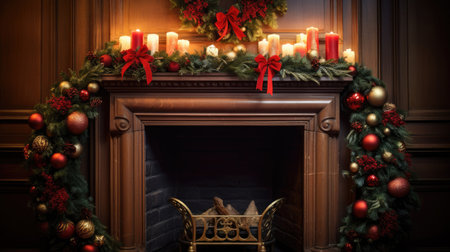 Festive Hearth: Immerse yourself in the holiday spirit with a Christmas wreath adorning a mantelpiece.の素材