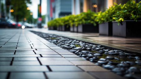 "Urban Elegance: A modern street pavement adorned with paving stones creates an inviting perspective.の素材