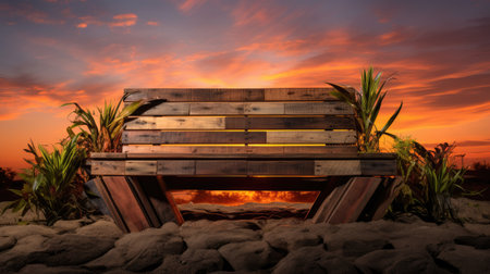Sunset Revival: Experience the magic of a wooden bench crafted from industrial pallets.の素材