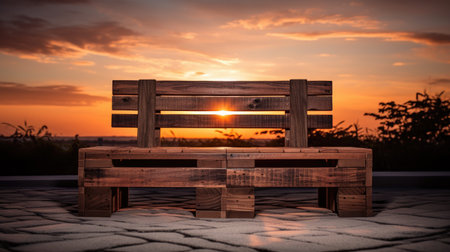 Sunset Revival: Experience the magic of a wooden bench crafted from industrial pallets.の素材