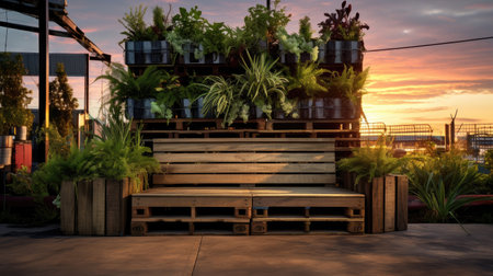Sunset Revival: Experience the magic of a wooden bench crafted from industrial pallets.の素材