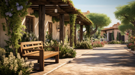 Wooden pergolas and benches grace a modern village, bathed in sunshine.の素材