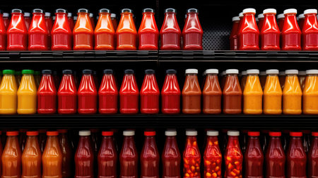Close-up of a variety of ketchup bottles in a supermarket aisle. A vibrant display of culinary essentials for your food industry projects.の素材