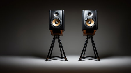 High-end professional audio speakers on sleek tripods, delivering powerful sound in a studio setting againstの素材