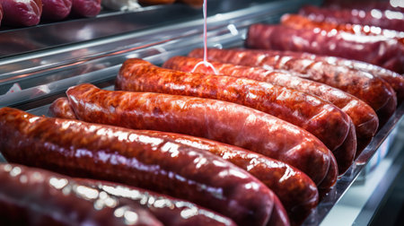 Savory Showcase: Delight in the close-up view of many beautiful sausages on a supermarket refrigerator shelf.の素材
