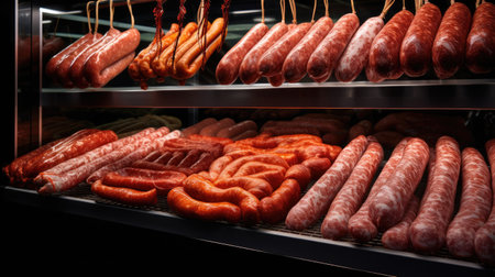 Savory Showcase: Delight in the close-up view of many beautiful sausages on a supermarket refrigerator shelf.の素材