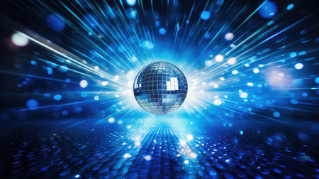 Nightlife allure: Disco ball casting blue rays, creating a dynamic dance floor, a photo capturing the vibrant energy of a pulsating night party."の素材