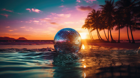 "Tropical vibes: A disco ball in the water, waves reflecting the sunset, creating a festive beach atmosphere with a touch of coastal magicの素材