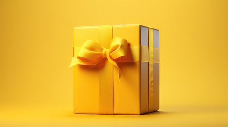 Gift box with satin ribbon and bow on yellow background.Holiday gift with Birthday or Christmas present, flat lay, top view, happy mother day copy spaceの素材