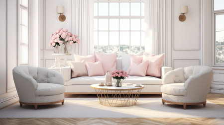 cozy interior, sofas adorned with love-themed decor.の素材