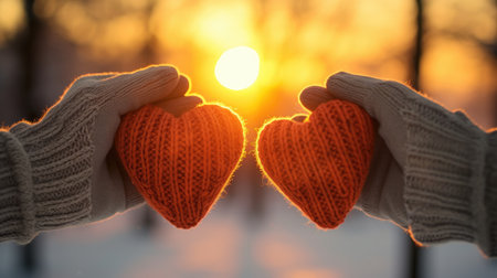 Capture the warmth: Female hands in winter gloves hold a heart under the enchanting winter sunset.の素材