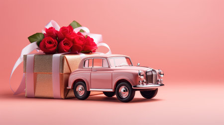 romantic surprise: Pink toy car delivering a rose on a pink background. Best image secures stocks in a leading Valentine's and floral delivery brand!の素材