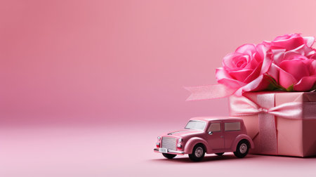 romantic surprise: Pink toy car delivering a rose on a pink background. Best image secures stocks in a leading Valentine's and floral delivery brand!の素材