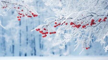festive winter beauty: Beautiful snowy background with frozen rowan trees. Best image secure stocks in a leading winter and holiday photography brandの素材
