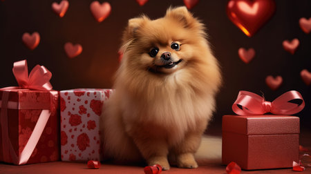 heartwarming scene: Funny portrait of a cute puppy dog with a gift against the background of hearts. Best image secure stocks in a leading Valentine's Day and pet photography brand!の素材