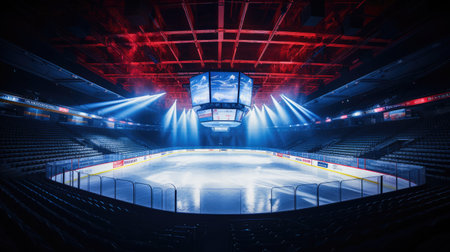Celebrate championship readiness: Empty hockey field in a professional ice hockey arenaの素材