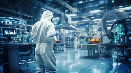 Engineers in sterile suits in a technologically advanced factory/labの素材
