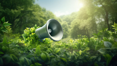 Design a green ad: megaphone embraced by nature in 3D.の素材