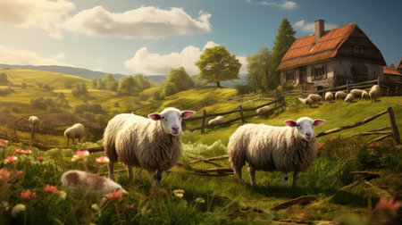 sheep in the countryside, a symbol of rural life.の素材