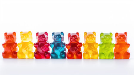 Sweet spectrum: Colorful jelly gummy bears isolated on a white background, presenting a vibrant and irresistible candy assortment. Perfect for showcasing the joy and sweetness of a sugary treat.の素材