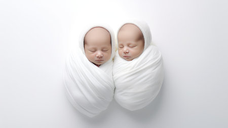 Double delight: Tiny newborn twins in white cocoons on a pure white background, peacefully sleeping side by side. A heartwarming moment captured by professional studio photographyの素材