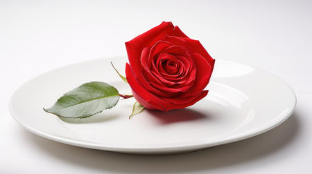 Culinary romance: A red rose delicately placed on a white plate, creating an elegant Valentine's Day image. Perfect for conveying the essence of love through a beautifully plated culinary creation.の素材