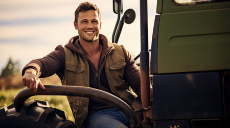 Green living: A charismatic young farmer smiles on a tractor against a nature backdrop, epitomizing bioecology and the beauty of sustainable farming.の素材