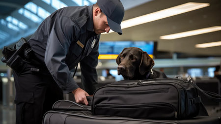 meticulous work of an officer with a suitcase, conducting checks for dogs at the airportの素材