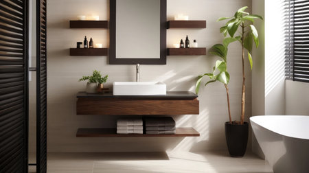 Capture the essence of tranquility! Elevate your brand with stock images of powder rooms featuring slatted wood walls, a square sink adorned with an orchid.の素材