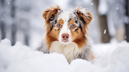 Winter Canine Bliss: Stock photos showcase an Australian Shepherd's snowy play in nature.の素材
