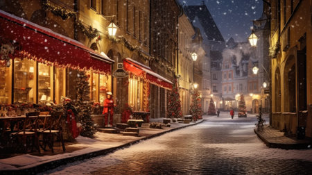 Old Town Christmas Glow: Stock images capture a charming street on Christmas night in an old European townの素材