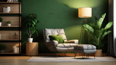 Stock photos showcase a comfortable living room setup with an armchair, coffee table, green plants, lamp, and a painting on the wall.の素材